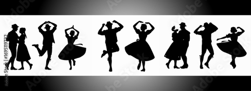 Silhouettes of dancing couples in retro style with elegant moves and playful poses representing joy, celebration, and cultural performance