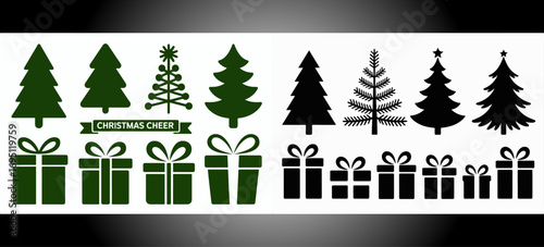 Christmas tree and gift box vector set with festive holiday elements, seasonal decorations, wrapped presents, and joyful celebration design