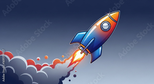 Cartoon rocket ship launching with smoke trail, symbolizing startup, innovation, and space exploration on gradient background