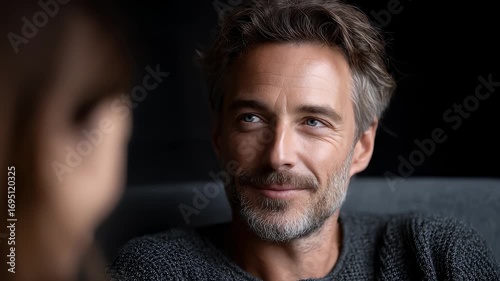 Mature man smiles listening sincerely communicating