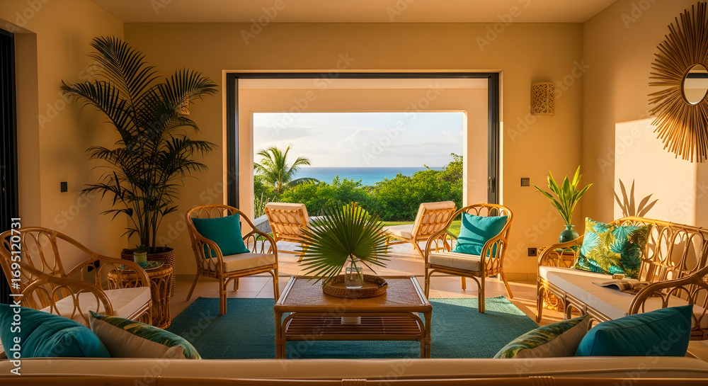 Fototapeta premium Luxurious beachfront villa interior design with ocean view and cozy furniture arrangement