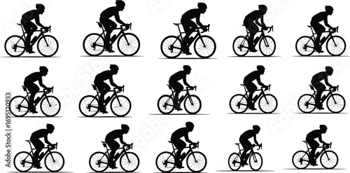 Cyclist silhouette sequence riding bicycle, black vector illustration, sport athlete motion, road cycling animation, fitness concept, exercise biking artwork