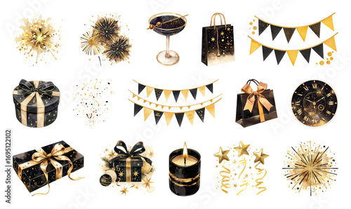 PNG Elegant black and gold decorations, element set on transparent background