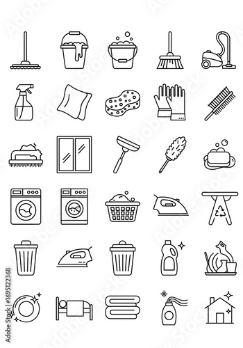 Housekeeping icons set featuring broom, mop, vacuum cleaner, spray bottle, detergent, laundry basket, duster, cleaning gloves, trash bin, and sponge, flat vector illustrations for cleaning and hygiene