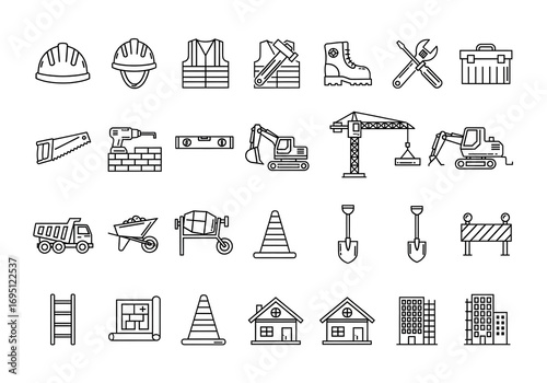 Construction icons set featuring crane, hard hat, toolbox, hammer, wrench, safety cone, blueprint, drill, wheelbarrow, and brick wall, flat vector illustrations for building, engineering, and industry