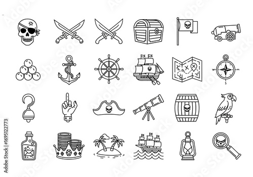 Pirates icons set featuring treasure chest, pirate ship, skull and crossbones, pirate hat, parrot, map, cannon, sword, anchor, and steering wheel, flat vector illustrations for adventure and nautical 