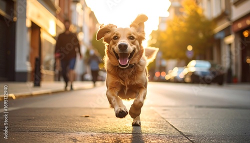 Fototapeta Naklejka Na Ścianę i Meble -  Golden Retriever running in city street at sunset