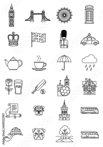 England icons set featuring Big Ben, red telephone booth, double-decker bus, Union Jack flag, royal crown, teapot, football, umbrella, Tower Bridge, flat vector illustration for travel and culture