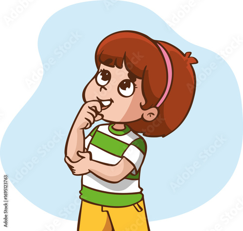 Cartoon kid thinking pose, vector illustration of thinking child with confused expression, education concept