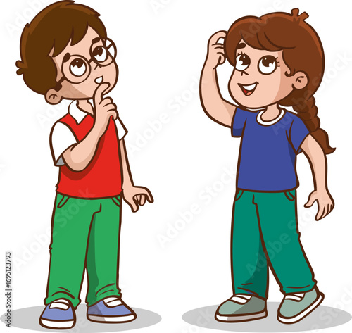 Cartoon kid thinking pose, vector illustration of thinking child with confused expression, education concept