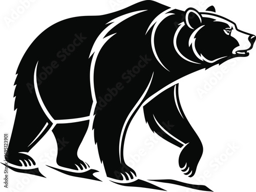 Stylized Bear Silhouette in Bold Black Flat Vector, Modern Black Bear Outline Flat Illustration, Bold Wildlife Animal Silhouette Bear Vector, Minimal Flat Black Bear Shape Illustration