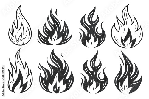 Collection of eight hand drawn black flame icons with textured fill fire symbol vector