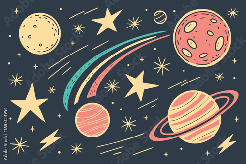 Whimsical pastel planets stars and shooting stars in a dark cosmic scene space galaxy