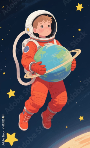 A flat surreal illustration of a boy in a spacesuit who flies in outer space and holds a planet in his hands. Vector graphics. EPS.