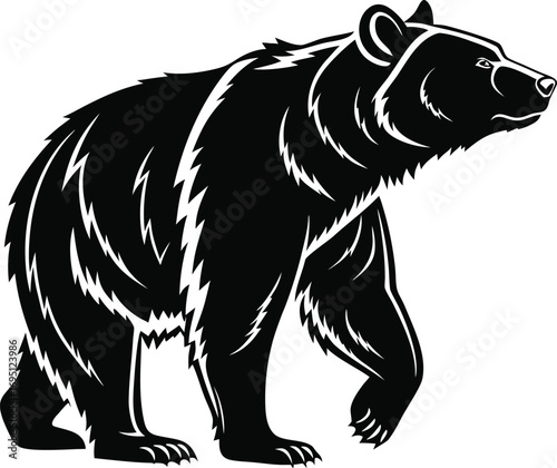 Stylized Bear Silhouette in Bold Black Flat Vector, Modern Black Bear Outline Flat Illustration, Bold Wildlife Animal Silhouette Bear Vector, Minimal Flat Black Bear Shape Illustration