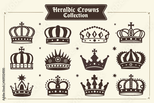 Twelve dark brown heraldic crowns with decorative elements on a light beige background royal monarchy
