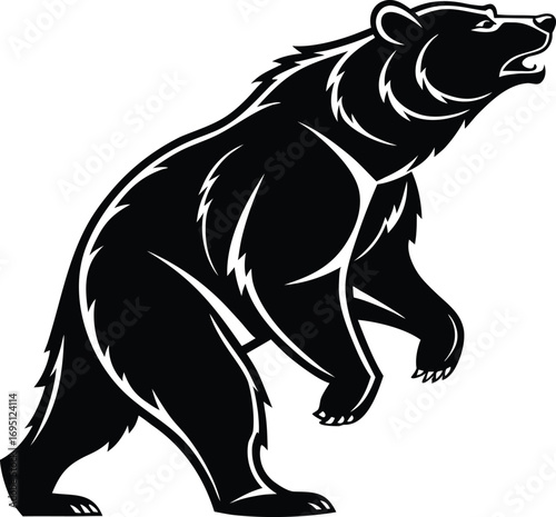 Stylized Bear Silhouette in Bold Black Flat Vector, Modern Black Bear Outline Flat Illustration, Bold Wildlife Animal Silhouette Bear Vector, Minimal Flat Black Bear Shape Illustration