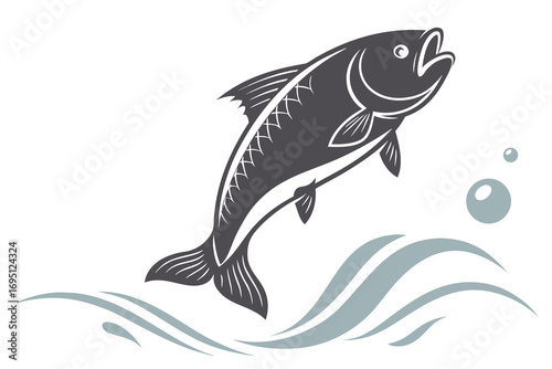 Dark gray stylized fish leaping from blue waves with bubbles jumping water