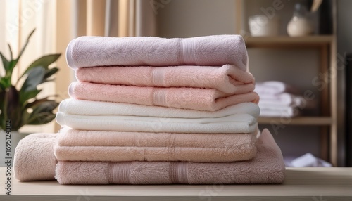 stack of folded towels and sheets soft colors neat pile