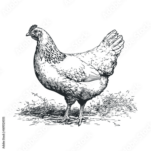 A detailed depiction of a traditional hen in a farmyard environment. Vector hand drawn illustration
