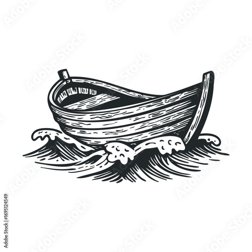 Wooden boat navigating through turbulent waves on open water. Vector hand drawn illustration