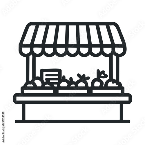 Fruit and vegetable market stall design for print and card. Vector outline illustration