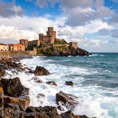 Coastal castle under dramatic sky
