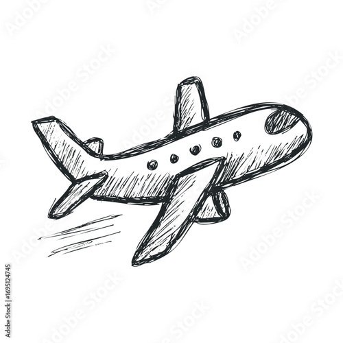 Airplane sketch on flight in a creative drawing style. Vector hand drawn illustration