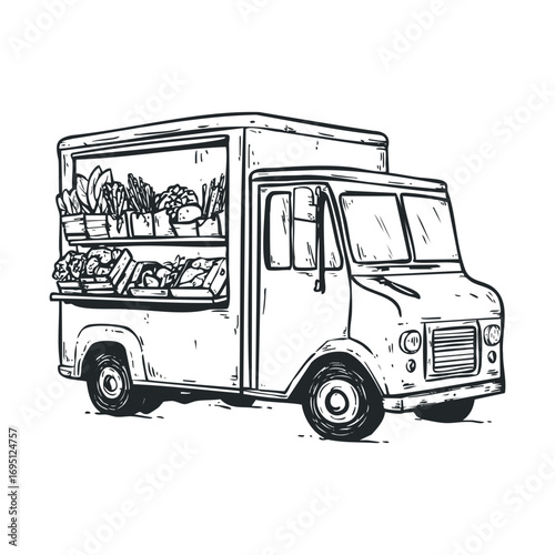 Food truck serving fresh produce and colorful fruits and vegetables. Vector hand drawn illustration