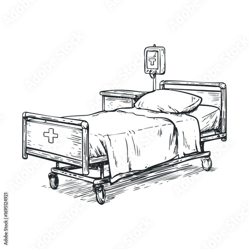 Hospital bed design for medical care and patient comfort. Vector hand drawn illustration