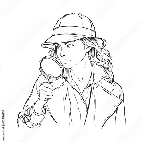 Detective character searching for clues with a magnifying glass. Vector hand drawn illustration