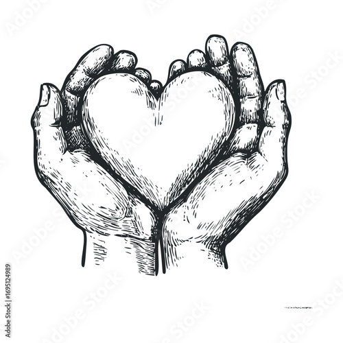 Hands holding a heart symbolizing love and care for others. Vector hand drawn illustration