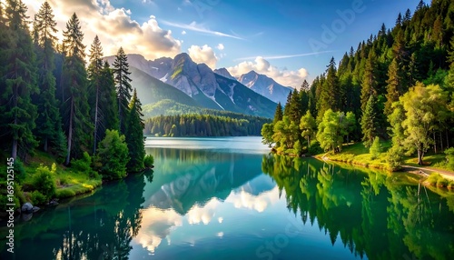 Fototapeta Naklejka Na Ścianę i Meble -  A serene alpine lake reflects a vibrant mountain landscape, bathed in the golden light of sunrise.