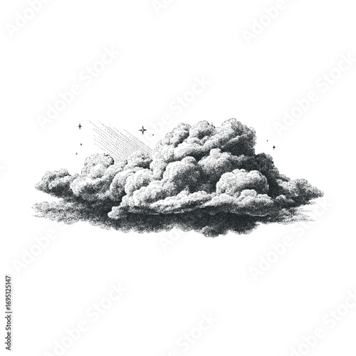 Cloud formation with stars and cosmic elements for creative designs. Vector hand drawn illustration