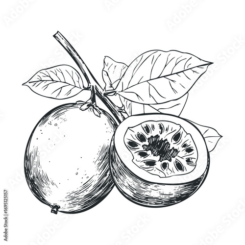 Delicious passion fruit with green leaves for culinary use. Vector hand drawn illustration