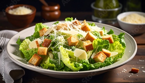 Freshly prepared Caesar salad, featuring crisp croutons, vibrant lettuce, and generous shavings of Parmesan cheese, presented on a light gray plate.