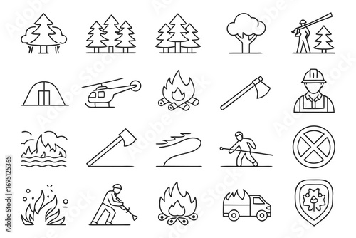 Set of line icons depicting wildfire prevention and fighting equipment and scenes forest trees