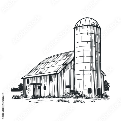 Vintage barn and silo by the countryside under clear skies. Vector hand drawn illustration