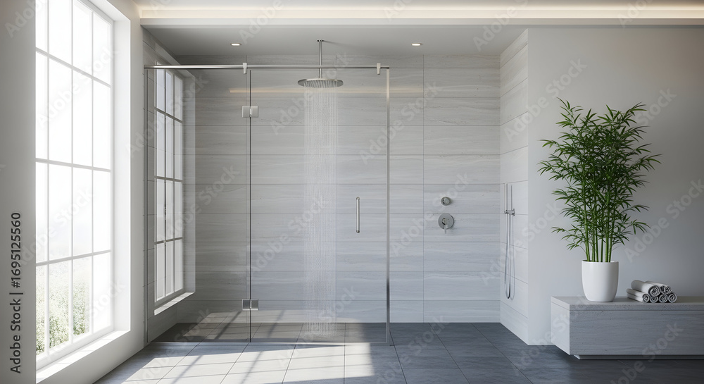 Fototapeta premium Luxurious Bathroom Interior Design with Natural Light and Modern Glass Shower Enclosure