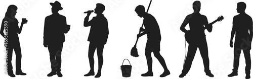 Activity silhouettes, drinking, reading, singing, cleaning, guitar playing, casual standing, black icons, vector, hobby, lifestyle, music, mop, microphone, leisure, daily routine, white background