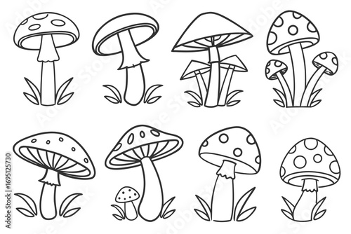 Eight Black and White Line Art Mushroom Illustrations with Grass fungi drawing