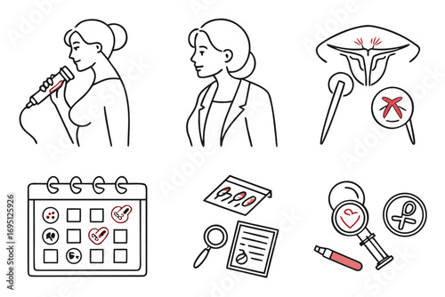 Six line art icons depicting women speaking calendar and medical symbols woman speaking microphone woman in suit