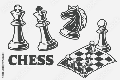 Black and white vector illustration of chess pieces and board with text chess board king knight pawn