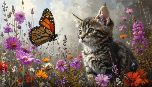 Fototapeta Naklejka Na Ścianę i Meble -  Kitten and butterfly in a field of flowers