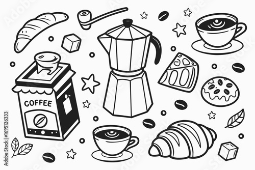 Black and white doodle illustration of coffee cups pastries coffee maker and beans with stars and leaves