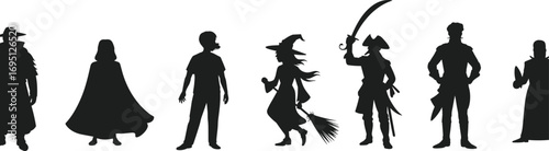 Character silhouettes, fantasy roles, pirate, witch, wizard, princess, detective, child, military, costume icons, black, vector, storytelling, genre, mystery, adventure