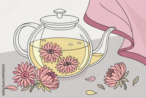 Glass teapot with yellow liquid pink flowers and scattered petals pink cloth vector