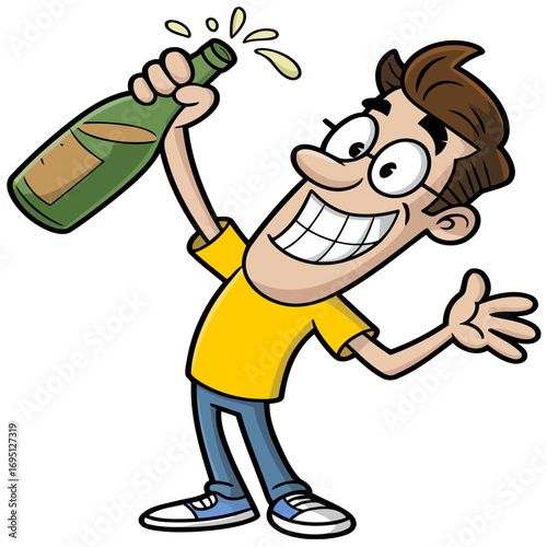 Vector drawing of a smiling cartoon boy drinking from a sport bottle