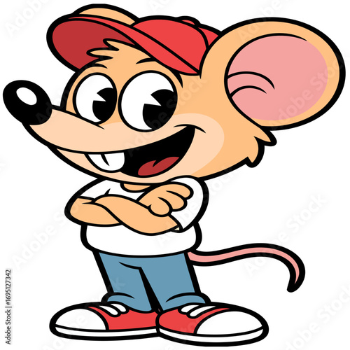 Funny cartoon illustration of a smiling lion and a cute mouse drawing