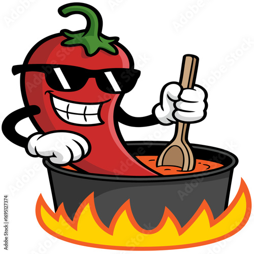 Vector art illustration of a cooking pot with happy vegetables